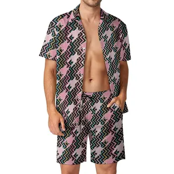 Мъжки комплекти Pink Houndstooth в стил поп-арт, ежедневни риза в стил ретро къси панталонки с къс ръкав, летен плажен костюм, голям размер