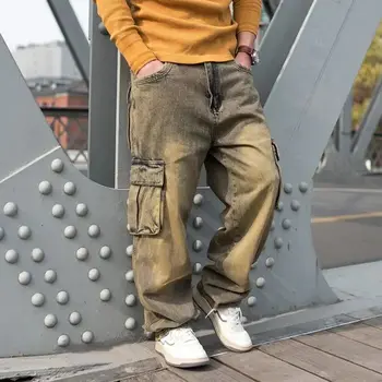 Модерен панталон-карго, мъжки ежедневни дънки, панталони в стил хип-хоп, преки, свободни широки панталони, градинска дрехи, дрехи големи размери, ретро, изтъркан джоб