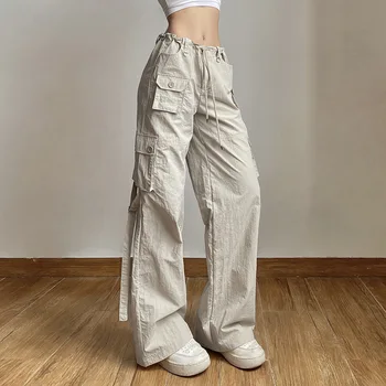 Свободни прави панталони-карго с висока талия, модерни ежедневни дамски панталони, модерни обикновена панталони с завязками в корейски стил, новост 2023 година