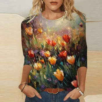 Летни дамски блузи с ръкав три четвърти кръг силует, тениски с флорални принтом, реколта эстетичные тениски с графичен дизайн, ежедневните свободни потник-туника