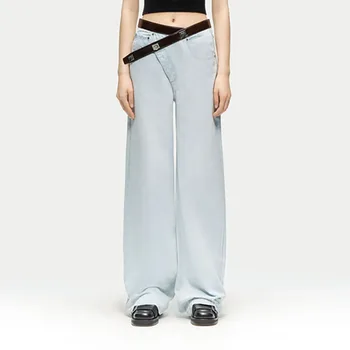 2023 Летни нови дамски дънки Y2k с украса колан, стираемые ретро асиметрични прости ежедневни прави панталони от 100 памук