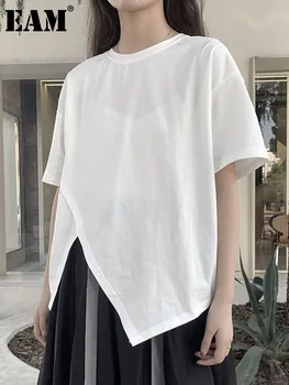 [ИАЛ] Женска Бяла Ежедневни риза С асиметрично намаляване Голям размер, Нова тениска с кръгло деколте и къс ръкав, Мода приливи и отливи, Пролет-Лято 2023 1DF4300
