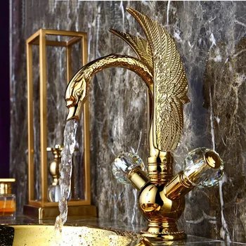 Супер луксозен Златен месинг смесител за мивка в банята с двойна дръжка, кристальный кранче за студена и топла вода, кран Swan Art Faucet
