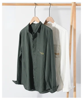 Мъжки ризи 100% лен с малък квадратен шал яка, есен нова блуза с бродерия и дълги ръкави, бизнес ежедневни дишащи риза с джобове