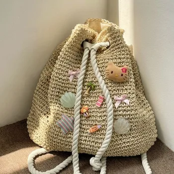 Y2k Аниме Sanrio Hello Kitty Тъкани раница, скъпа креативна чанта ръчна изработка, голямо голям проста плажната чанта за почивка, подарък за кавайной момичета