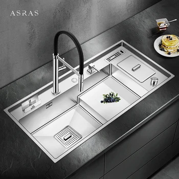 ASRAS Луксозна степенна механична кухненска мивка голям размер SUS 304 от неръждаема стомана с дебелина 4 мм, ступенчатые мивки ръчно изработени с мусорным резервоар