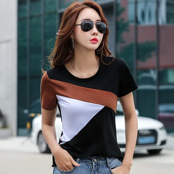LJSXLS Памучен дамски тениска с кръгло деколте, тънка лятна дамска тениска с къс ръкав контрастен цвят, всекидневни женски топ, корейски модни тениски