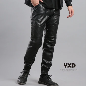 Мъжки ежедневни кожени панталони в стил хип-хоп, мъжки зреещи със странични джобове, мъжки модни градинска облекла, мотоциклетни панталони с ципове и дантела прозорци