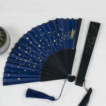 Лесен ръчно фен бамбукови ръчни вентилатора с пискюли в китайски стил на Звездното небе Сгъваеми вентилатора за танцови представления Снимка