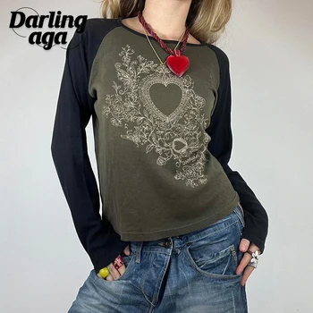 Darlingaga Fairycore Тениски Y2K с графичен принтом, Дамски Ризи с дълъг ръкав, Ретро Естетичен Ръкав Raglan, Есенна Риза, Пуловер на 90-те години, Върхове