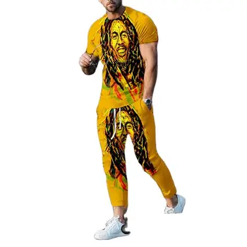 Мъжки летен спортен костюм на Боб Марли, тениска, комплект панталон, мъжки моден костюм, ежедневни градинска дрехи, ретро дрешки, дрехи за реге музика