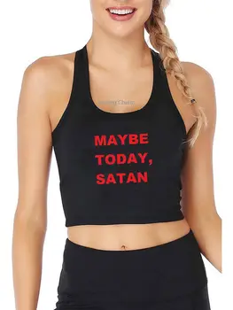 Може би, днес жена на майк с принтом на сатана, съкратен топ за практикуване на йога и спорта, тениска за фитнес зала
