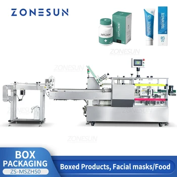 Автоматична машина за опаковане в кашони ZS-MSZH50 ZONESUN за производство на козметични напитки, бутилки, тюбиков, маски за лице, слънцезащитни продукти