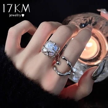 17 км, 2 бр./компл. пръстен сребърен цвят с цветен модел, ретро комплект пръстени с перли върху пръста за жени, геометрични метални пръстени, бижута пръстен с волнообразным отваряне