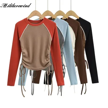 Нова обвивка контрастен цвят с завязками блузи с дълъг ръкав уличен стил индивидуалност Долна риза Ежедневни градинска дрехи, дамски Блузи