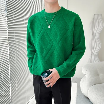 Пуловер с однотонным модел/ Клас на мъжката есенно-зимния пуловер с дълъг ръкав, с завязками, кръгла яка, безплатен топъл вязаный пуловер пуловер