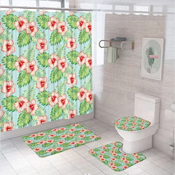 Акварелни летни тропически цветя, листа, завеса за душ, екзотични джунгли, цвете хибискус, подложка за вана, подложка за тоалетната чиния, на кутията