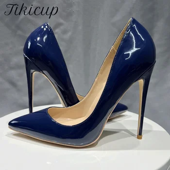 Tikicup/Дамски тъмно сини Лачени обувки-лодки, с ниско деколте и Остри пръсти на висок ток, Елегантни Дамски официални Обувки Без Закопчалка На Висок Ток, Модел обувки