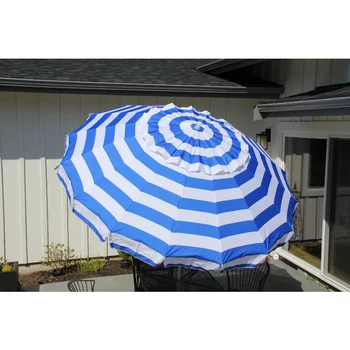 DestinationGear 8-фута луксозен плажен чадър в бяло-синята ивица с пътна чанта, чадър за пикник, на плажа, във вътрешния двор