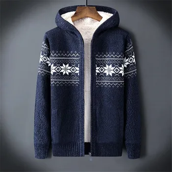 Вязаный жилетка Зимен мъжки пуловер с качулка плюс velvet дебел топъл пуловер мъжки жаккардовый пуловер, сако, жилетка