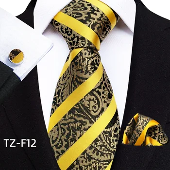 Златна коприна вратовръзка за мъжете, бизнес официална вратовръзка, набор от носа шалове, копчета за ръкавели за сватбени костюми, джобен квадратен носна кърпичка, подаръци