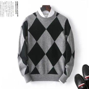 100% вълнен пуловер, мъжки пуловер с кръгло деколте, елегантен пуловер, есенно-зимния дебел вязаный топ голям размер