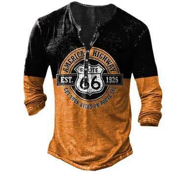 Реколта тениска Route 66 в европейския и американския стил, градинска дрехи с принтом, мъжка лятна мода градинска риза с дълъг ръкав и копчета, с ревери