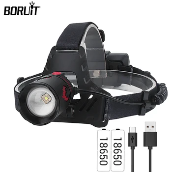 BORUiT, мощен led фар, 3 режима на осветление, телескопична мащабиране, светлина, 18650 USB, акумулаторна батерия налобный фенер, водоустойчив работна лампа