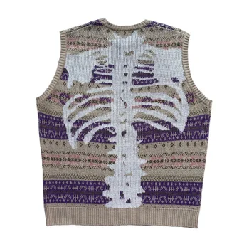 Kapital Ретро японски вязаный пуловер в етническа цветна лента, без Хираты Хироши с костяным виртуален скелет, жилетка от смесена вълна
