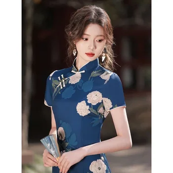 Yourqipao Лятото е дълго тънката коприна синя рокля Рокля за подиум, банкет, елегантна вечерна рокля Qipao в традиционен китайски стил за жени