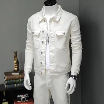 Пролетно-есенен модерен мъжки комплект от две части, градинска ежедневни бял деним яке, прави дънки, комплект с тон, плюс размер 5XL
