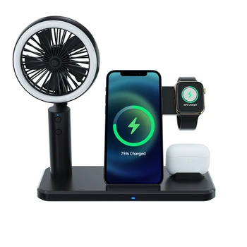 Безжично зарядно устройство с мощност 15 W Мултифункционална поставка за зареждане QI с led лампа на преносим вентилатор за Iphone на Apple Watch Airpods