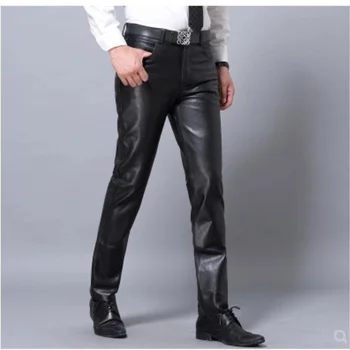 Панталон от естествена кожа, мъжки черни реколта панталон-молив от естествена овча кожа, модерни мотоциклетни мъжки панталони оверсайз