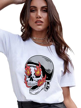 Забавна тениска с изображение на череп на животното в стил харадзюку с кръгло деколте, свободна лятна бяла тениска с принтом, дамски дрехи, Ежедневни тениски с къс ръкав, отгоре за момичета