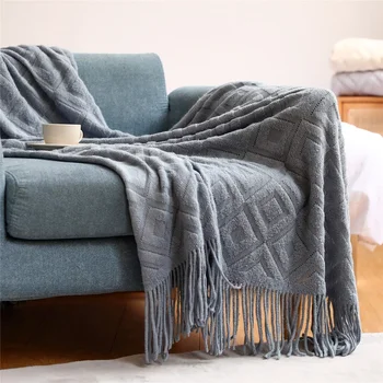 Четырехсезонное кашемировое одеало за диван, обикновено използвано одеяло, съвременно минималистичное одеяло с диамант вискозни и пискюли, офис ворсовое жаккардовое одеяло