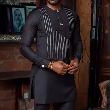 Нов мъжки костюм, комплект от две панталони и дрехи с дълъг ръкав, през цялата силует, отстрочка, плътен цвят, социален африкански етнически стил