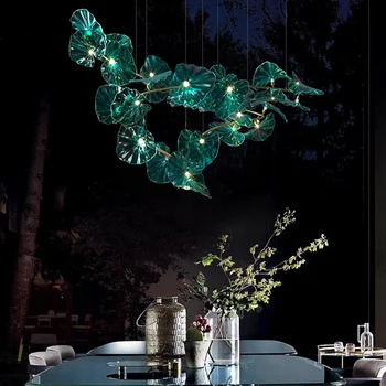 Полилей със зелени стъклени листа, художествени висящи лампи за ресторант Island Hotel, полилеи, led окачен тавана лампа