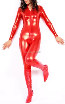 Червен Зентай Блестящи метални чорапогащник с цип отпред, женски костюм Зентай