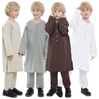 Мюсюлмански деца момчета от Саудитска Арабия, халат Тоби, топ, панталон, кафтан, арабска ислямска дрехи, дрехи за молитва с дълъг ръкав и кръгло деколте, копчета