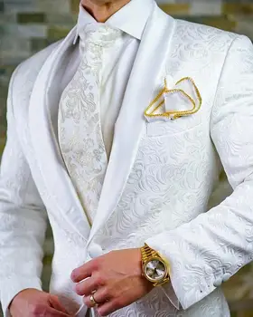 2023 най-Новият жаккардовый модел, бели смокинги на една пуговице за младоженеца-мъжки сватбени тоалети за бала, 2 предмета (яке + панталон)