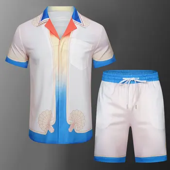 2023 Цветна риза с принтом, костюми, всекидневни свободен кратък плажен комплект с къс ръкав, мъжки спортни костюми, летни тениски + шорти, мъжки дрехи