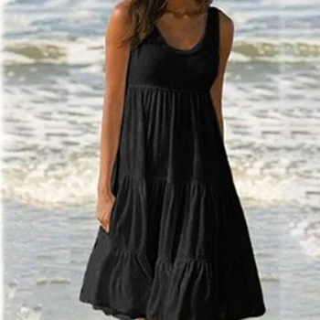 Секси мини рокля без ръкави, с кръгло деколте и накъдрен, обикновен плажен сарафан в стил бохо, негабаритное свободно рокля 2023, нова лятна зашеметяващ плажна пола