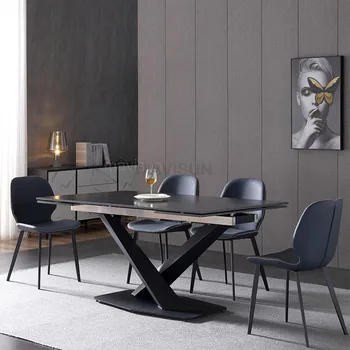 Лек мобилен луксозна маса за хранене е от каменни плочи, удължен сгъваема правоъгълна домашен кухненска маса, централна минималистичная мебели WH1