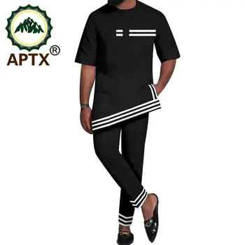APTX Годишният Африканец Мъжки Костюми, Спортно Облекло, Риза с къс ръкав + Панталони Пълна Дължина, Всекидневни Комплект Дашики от 2 теми TA2216142