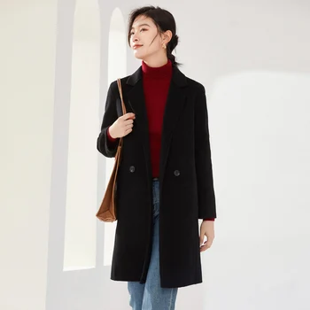 палто от 100% чиста вълна, дамско палто със средна дължина, есен/зима, корейската версия, вълнено палто с за костюм с темперамент за отслабване