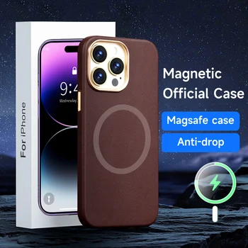 Оригинален кожен калъф Magsafe за iPhone 13 14 Pro Max, безжична зареждане, магнитна капачка със защита на дисплея от закалено стъкло