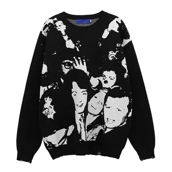 Характер Жаккардовый пуловер, Мъжки есен зима хип-хоп дрипави вязаный пуловер готически ретро оверсайз трикотаж, облекло за двойки