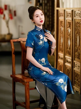 Yourqipao Лятото е Дълго Тънката Коприна Синя Рокля Рокля за Подиум, Банкет, Елегантна Вечерна Рокля Ципао в Традиционен Китайски Стил за Жени