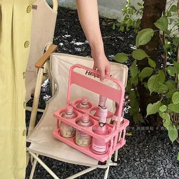 Съхранение Сгъваема кошница с бирена сърце, дръжка за носене, портативна розова количка, кошница за напитки, пикник, кафе, къмпинг, чай с мляко за момичета
