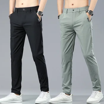 Мъжки панталони, сезон: пролет-лято, новите тънки зелени обикновена модни ежедневните си работни панталони с джобове и аппликацией, мъжки панталони пълна дължина